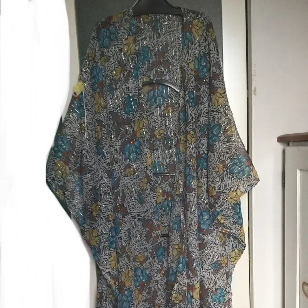 NWT L floral multicolor metallic Gold open kimono chiffon
